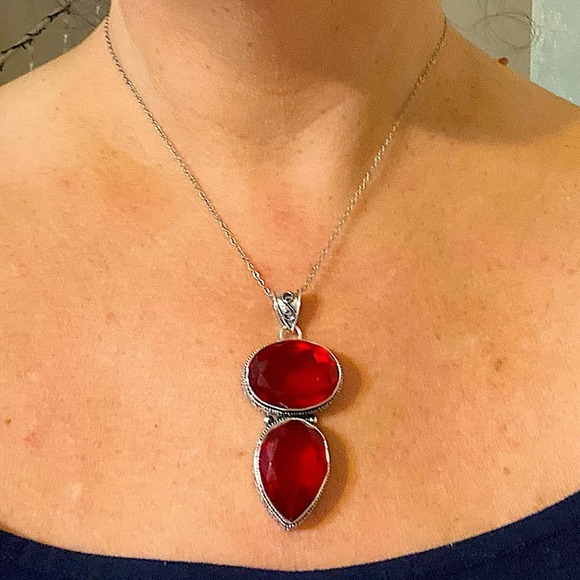 Antique Ruby Pendant Necklace, Sterling Silver, Double Gemstone, Statement - Picture 3 of 11